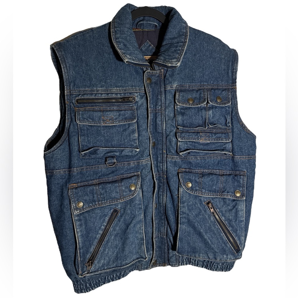 VTG In Crowd Men's 80s Denim Insulated Cargo Jean Vest Large